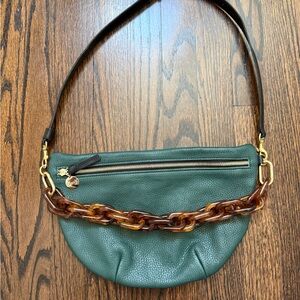 Clare V Dark Green Leather Shoulder Bag with Tortoiseshell Chain Accent